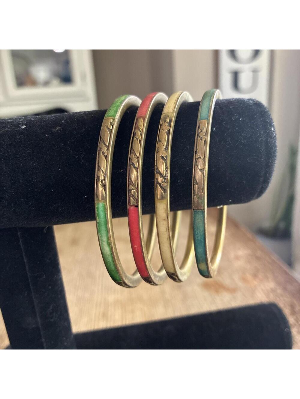 Vintage Dyed Bovine Bone Brass Bangle Bracelet Colorful Set Of 4